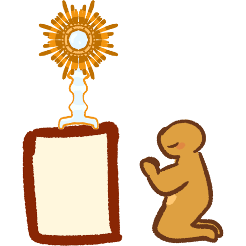 A person kneeling to the right of a white table with a Monstrance on top.